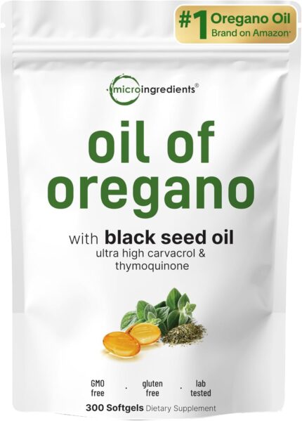 Micro Ingredients Oil of Oregano Softgels, 300 Count | 2 in 1 Formulated with Black Seed Oil | 4X Strength Carvacrol & Thymoquinone | Plant Based, Non-GMO