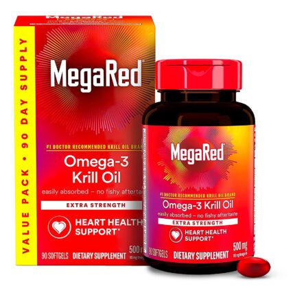 MegaRed Antarctic Krill Oil 500mg Omega 3 Fatty Acid Supplement, Extra Strength EPA & DHA Krill Oil Softgels (90cnt Box), Astaxanthin, Heart Health Supplement with No Fish Oil Aftertaste